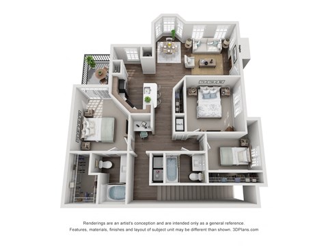 Floor plan for 3 beds, 2 baths, 1321 sqft